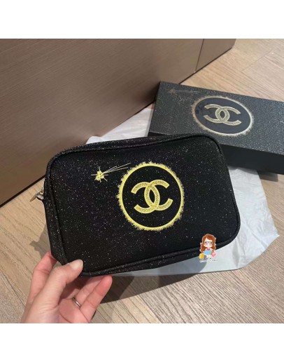 CHANEL Cosmetic bag Black color with Gold Logo (Ready Stock)